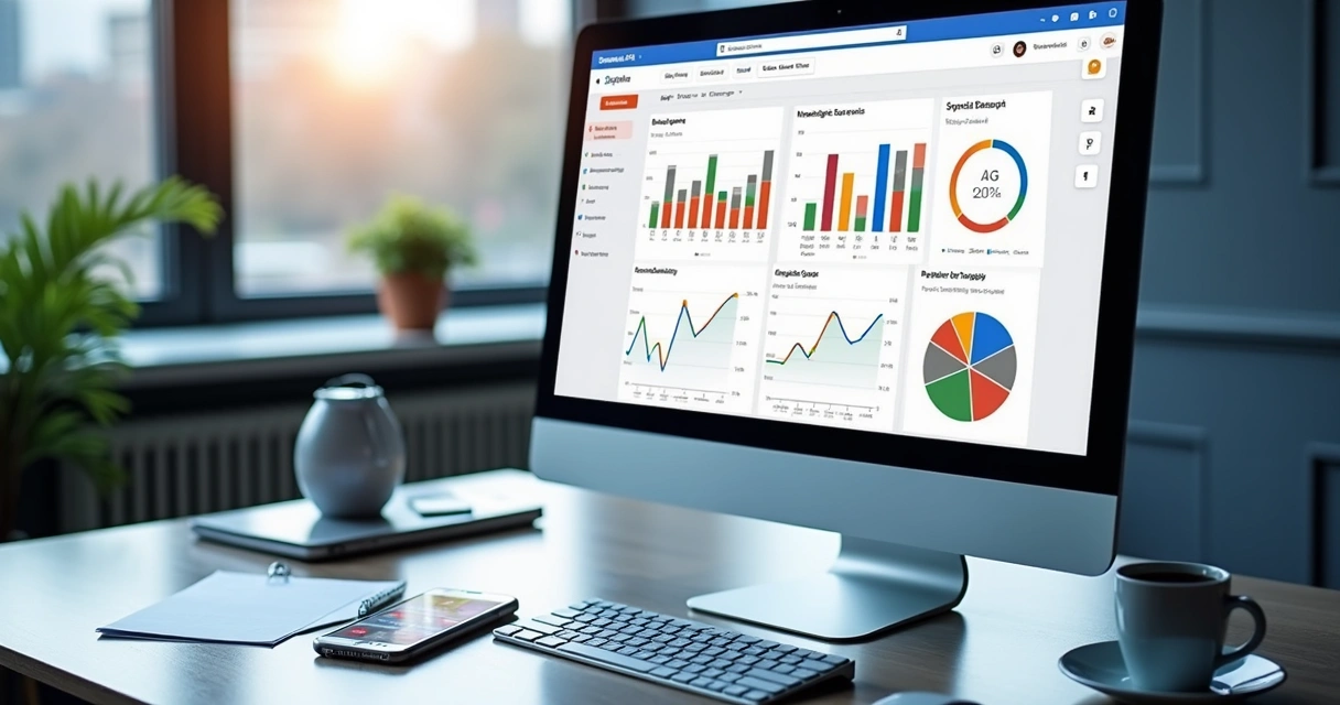 Tela de computador exibindo painel do Google Ads com gráficos, anúncios e métricas de desempenho em um ambiente de escritório moderno