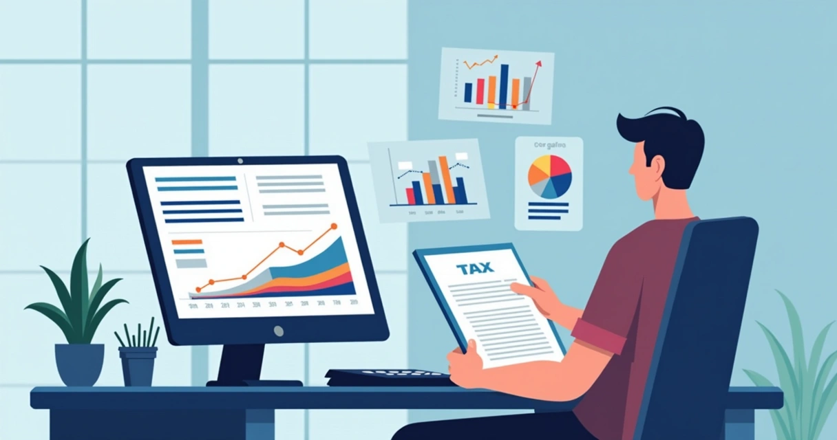 Ilustração corporativa flat mostrando contador analisando documentos fiscais com gráficos e símbolos tributários ao redor