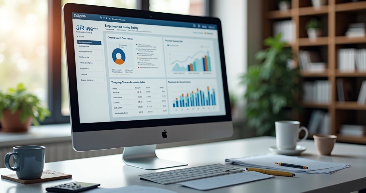 Tela de computador exibindo software CRM com dashboard de vendas e contatos organizados em escritório de contabilidade moderno