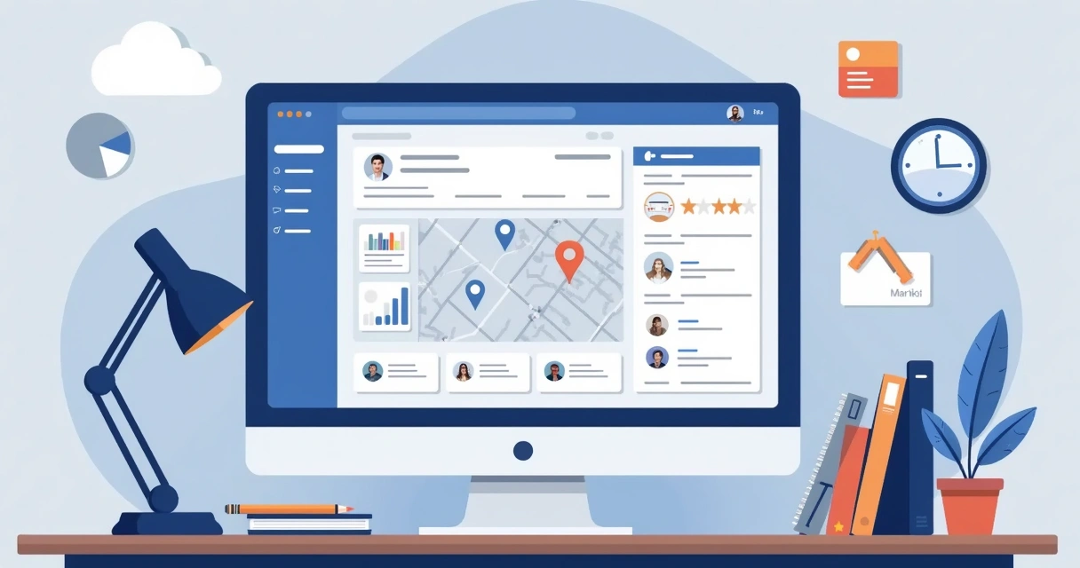 Ilustração corporativa plana mostrando um escritório contábil digital com tela de computador exibindo painel do Google Meu Negócio, mapa com localização destacada, gráficos de crescimento e ícones de