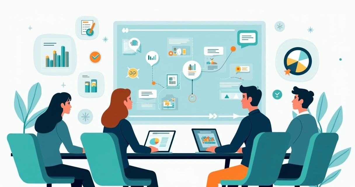 Ilustração corporativa mostrando profissionais de contabilidade analisando mapa da jornada do cliente com etapas destacadas