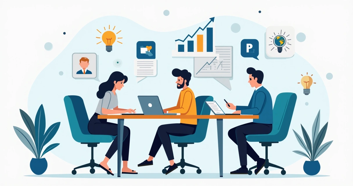 Ilustração corporativa mostrando profissionais contábeis com gráficos, laptop e ícones digitais representando marketing para contabilidade em São Paulo