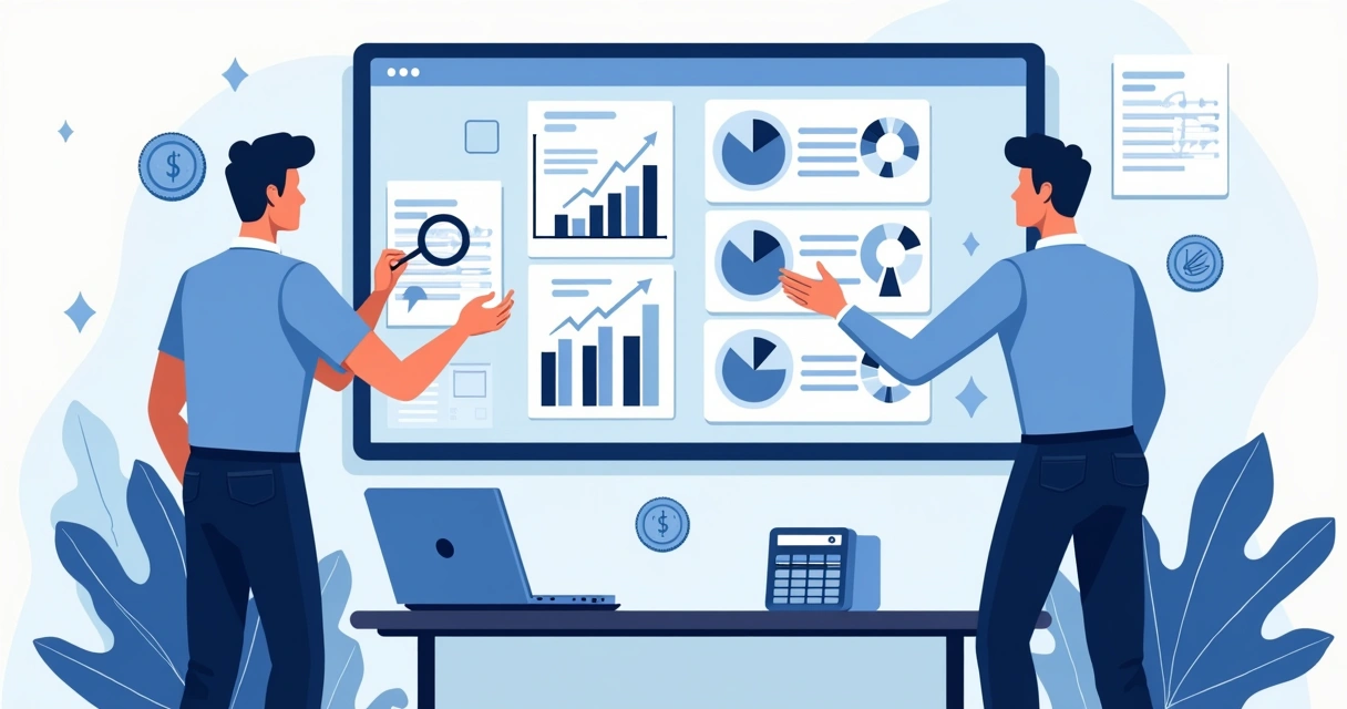 Ilustração corporativa plana mostrando contadores analisando gráficos digitais sobre reforma tributária e IBS