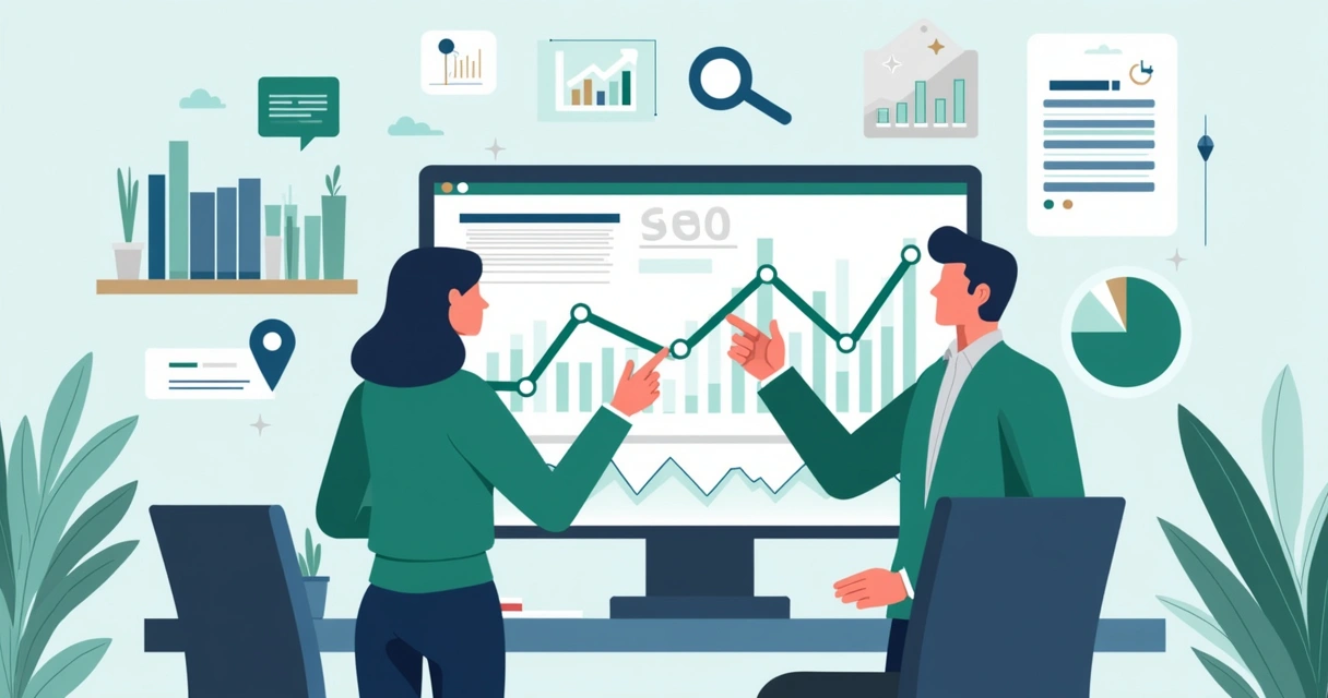 Ilustração corporativa mostrando contadores analisando gráficos de SEO em tela de computador em escritório moderno