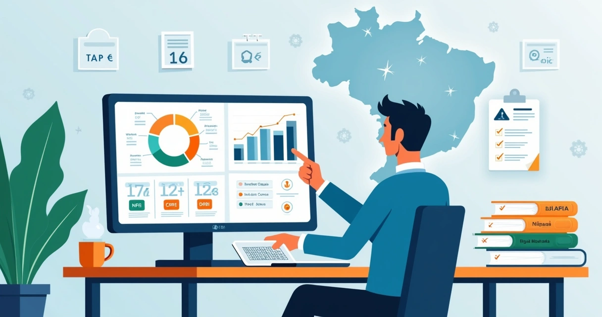 Ilustração de contador analisando mudanças na contabilidade em 2026 no computador