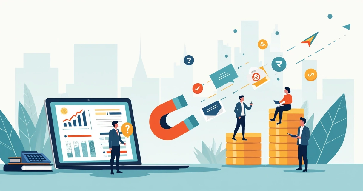 Ilustração de inbound marketing para escritório de contabilidade atraindo novos clientes