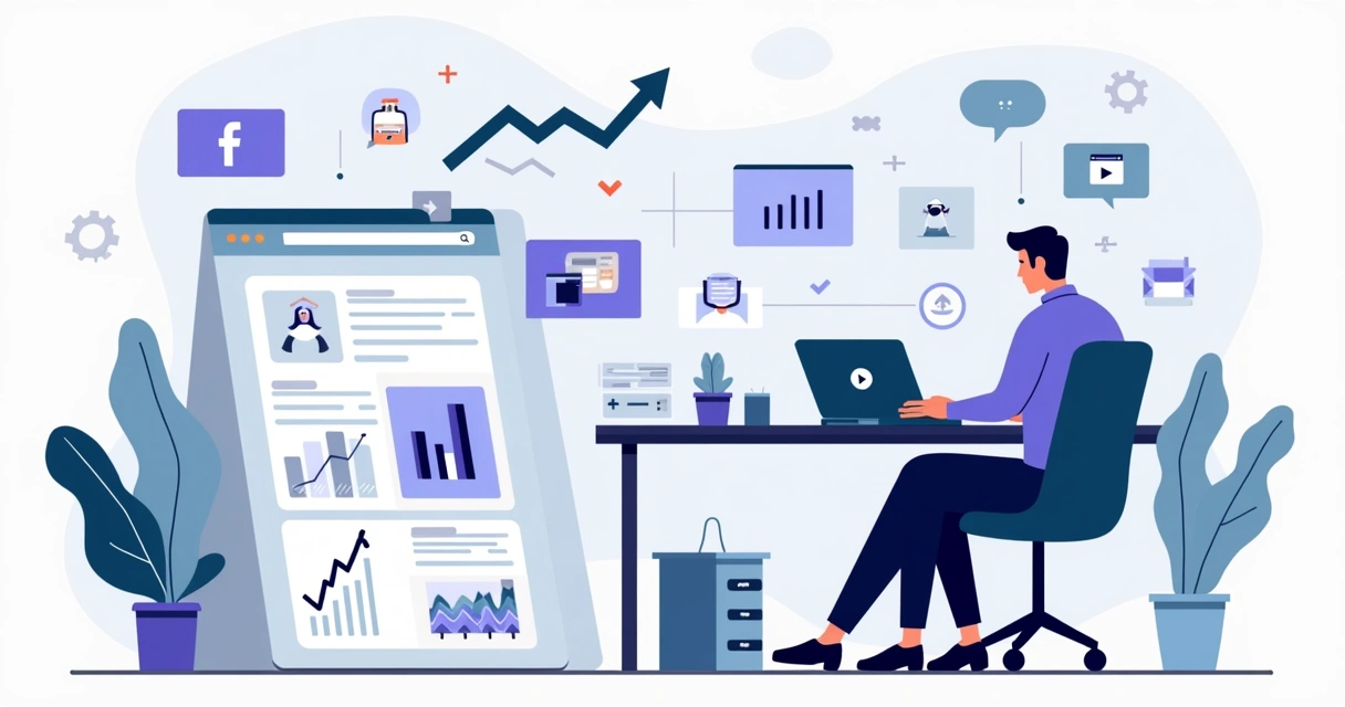 Ilustração de contador planejando marketing digital com gráficos e ícones de redes sociais