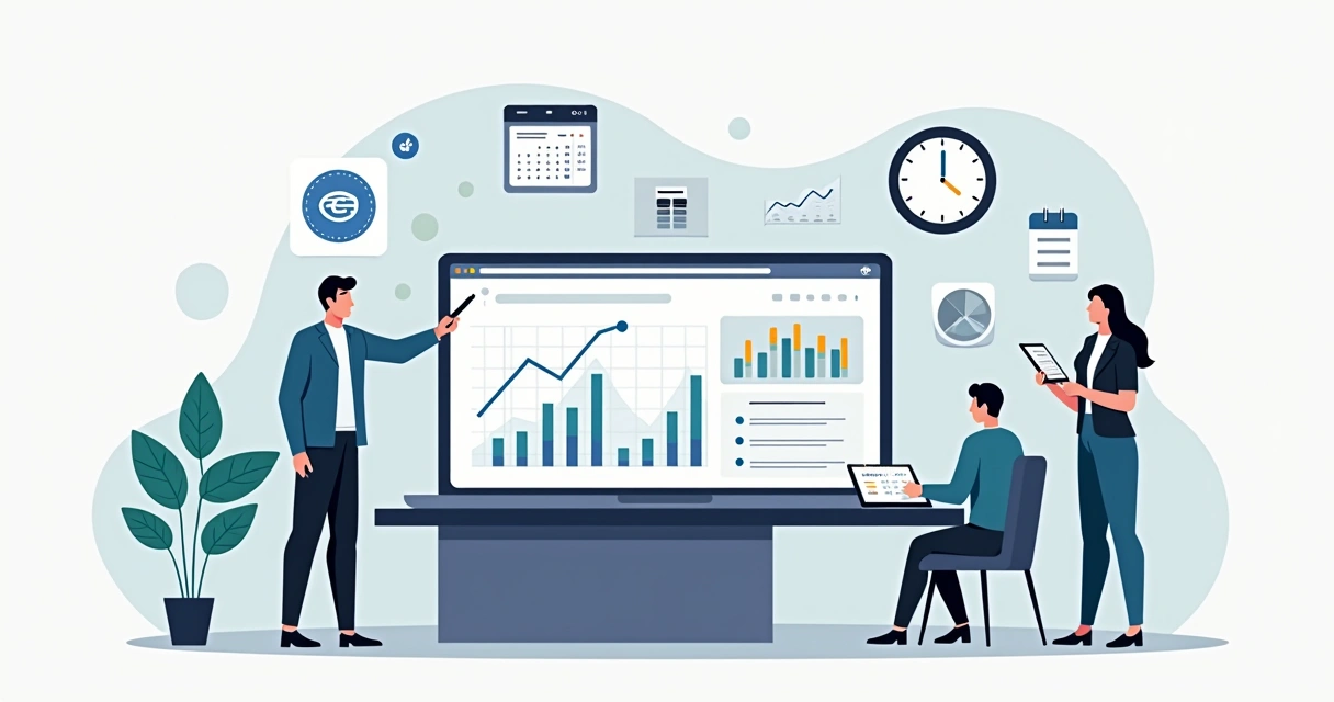 Ilustração de escritório contábil planejando marketing digital com gráficos e computador