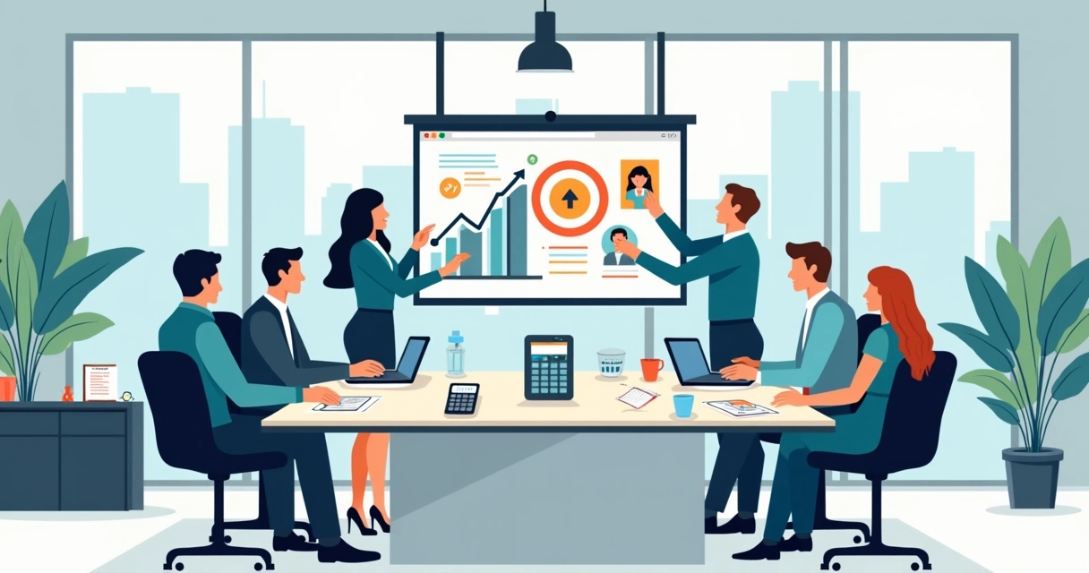 Ilustração de equipe contábil planejando posicionamento de marca em ambiente corporativo moderno