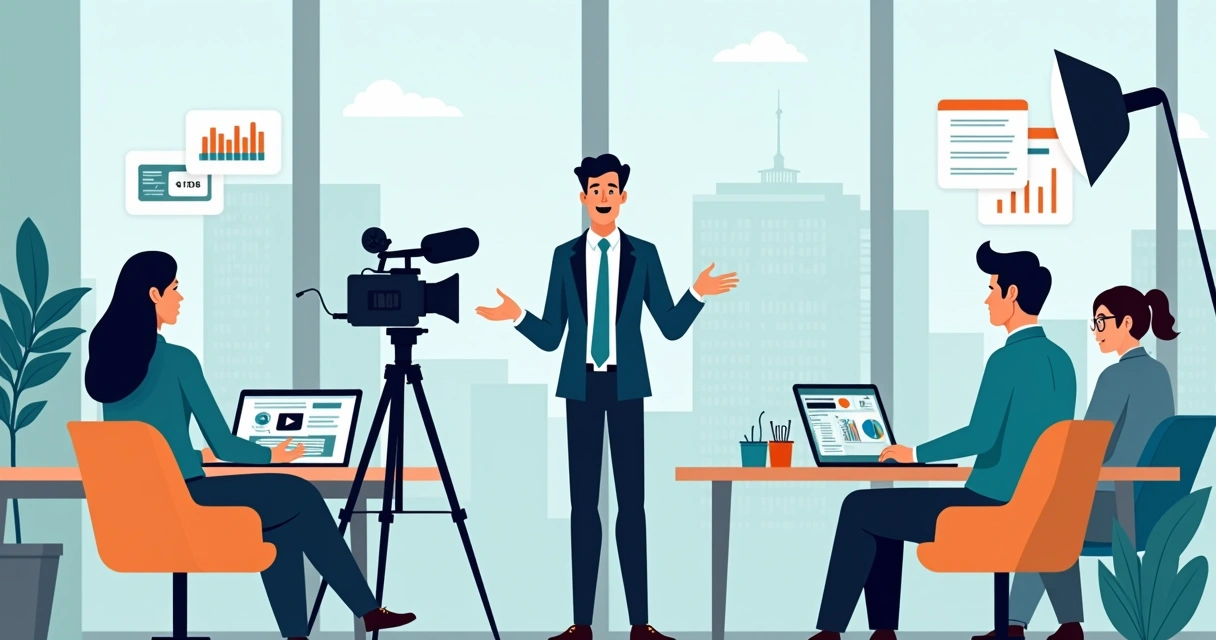 Equipe de contabilidade gravando vídeo institucional em escritório moderno