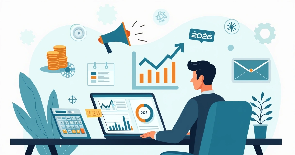 Ilustração de contador analisando investimentos em marketing digital no notebook