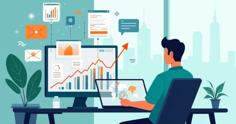 Ilustração de contador usando computador com gráficos digitais crescendo