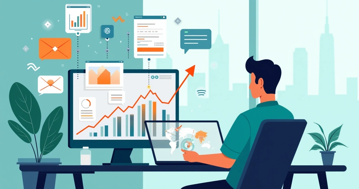 Ilustração de contador usando computador com gráficos digitais crescendo